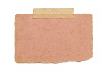 Pink rectangular sheet of old torn paper attached with two strips of aged adhesive tape on a transparent background