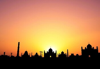 Row of iconic Indian landmark silhouettes at sunset, minimalist style,  Red Fort,   skyline