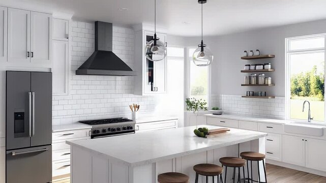 Modern farmhouse kitchen boasting white cabinets and subway tile backsplash