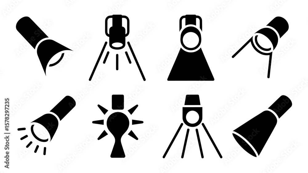 Poster vector art of a set of flashlight icons isolated on white background, showcasing various beam patter