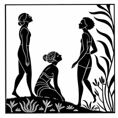 Three women in abstract style with foliage figures silhouettes