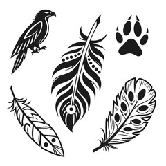Tribal eagle feathers and paw print symbols tattoo