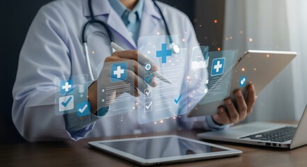 Online medical checklist and documentation system in use by doctor, concept of smart healthcare, Modern Healthcare Management & Telemedicine Concept
