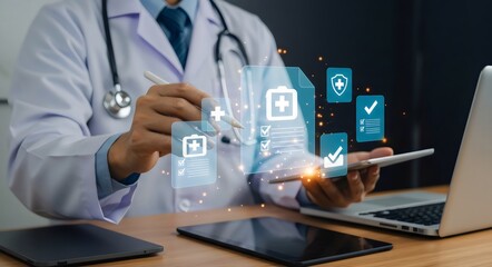 Online medical checklist and documentation system in use by doctor, concept of smart healthcare, Modern Healthcare Management & Telemedicine Concept