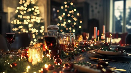 Christmas table setting with red wine and festive decorations - Powered by Adobe