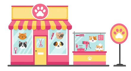 Fototapeta premium Charming Pet Grooming Salon Illustration with Cats, Dogs, and Hamsters, Adorable Animal Spa Storefront with Paw Print Sign and Grooming Tools