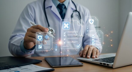 Online medical checklist and documentation system in use by doctor, concept of smart healthcare, Modern Healthcare Management & Telemedicine Concept