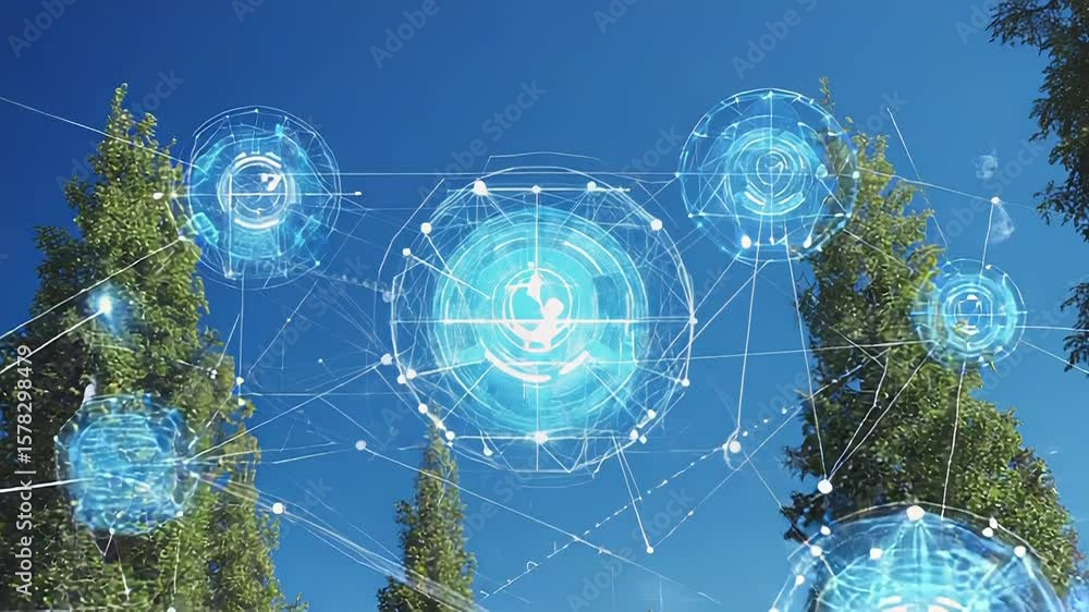 Poster futuristic forest monitoring system connecting trees with digital network