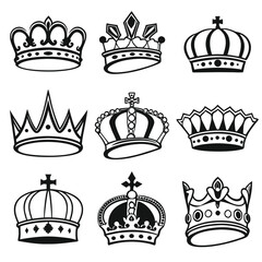 Fifteen Vintage Antique Black Crown Vector Illustrations