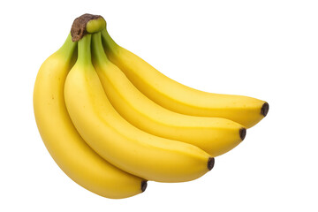 Four ripe bananas creating a vibrant bunch, isolated on a transparent background, showcasing their fresh, healthy appeal