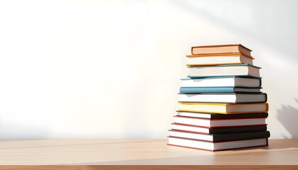 Fototapeta premium A stack of books is stacked on the study table with empty space for text, white background.