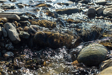Rapid water stream river close up with sunlight  and motion blur