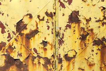 Flaky peeling yellow paint on brown metal rusty sheet with a x shape mark , abstract textured...