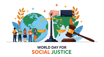 Global social justice: a large hand balances scales of justice over the world, symbolizing fairness and equality for diverse people.