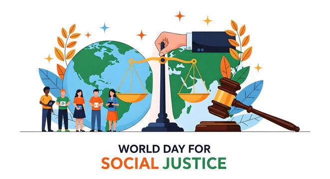 Global social justice: a large hand balances scales of justice over the world, symbolizing fairness and equality for diverse people.