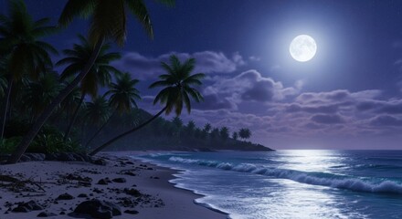 Serene Tropical Beach Under a Full Moon with Gentle Waves and Palm Trees