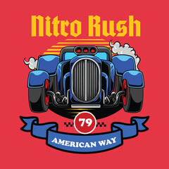 Retro hot car illustration with bold Nitro Rush text, classic front view, smoke effects, and vintage banner, Perfect for racing themes.