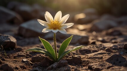 Resilient White Flower Blooming Through Dry Cracked Soil with Sunlight and Hopeful Natural Background