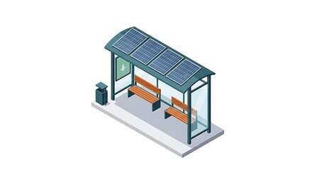 Isometric Illustration of a Modern Bus Stop with Solar Panels on the Roof, Sustainable Urban Transportation Concept