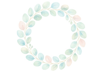 Circular watercolor wreath forming a delicate frame with pastel-colored leaves, ideal for adding a touch of elegance to various designs on transparent background