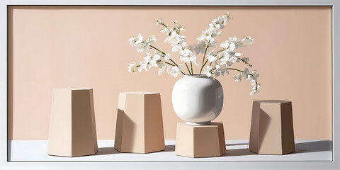 Minimalist White Vase with Flowers and Geometric Pedestals on Peach Background

