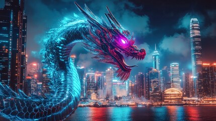 holographic dragon flying through city skyline