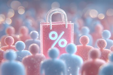 Shopping bag with percentage sign surrounded by abstract figures