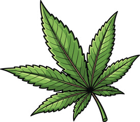 Detailed cannabis leaf vector illustration, green marijuana leaf drawing with bold outline, natural organic plant art for medical and recreational use