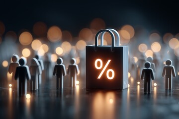 Shopping bag with percentage sign surrounded by people figures