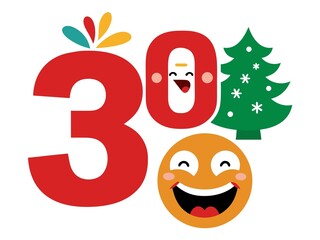 Photo of festive number thirty with christmas tree isolated on white