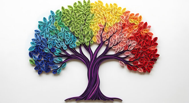 Colorful quilled paper tree artfully displaying a spectrum of rainbow colors on white background