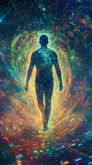 holographic male figure emerging from swirling data streams