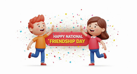 Happy National Friendship Day - 3D Kids Celebrating Friendship with High-Five and Confetti