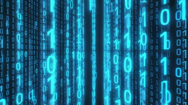 endless wall of glowing binary code with digits 0 and 1 scrolling horizontally in blue over dark background digital data transfer style 