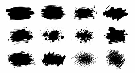 Collection of diverse black ink brush strokes and splatters, perfect for artistic design elements