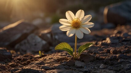 White Flower Blooming in Harsh Soil Under Warm Sunset Light with Rocks and Nature in Background