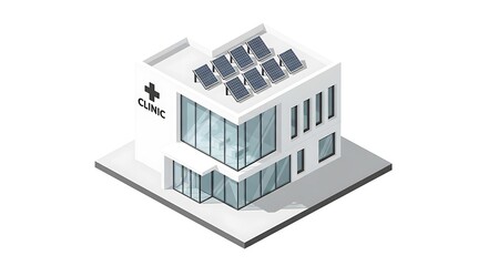 Fototapeta premium Modern Clinic Building with Solar Panels on the Roof in Isometric View, Sustainable Healthcare Architecture with Renewable Energy Integration for Environmentally Friendly Care