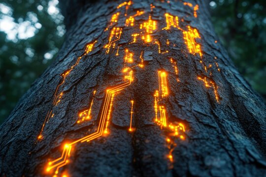 hyperreal tree with glowing circuit bark