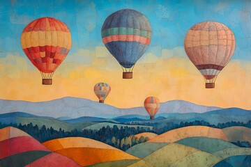 Hot air balloons flying over patchwork farmland at sunrise soft pastel colors