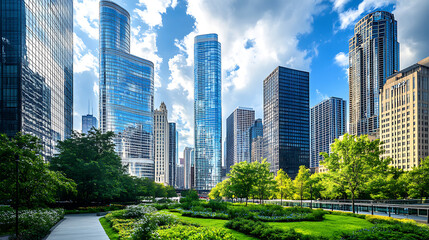 Fototapeta premium Peaceful city park with modern high-rise backdrop high resolution picture