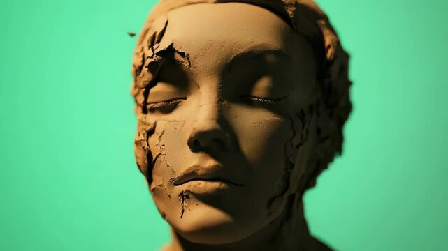 Clay face sculpture cracking and showing inner layers