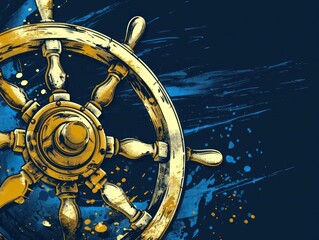 handdrawn captain steering ship wheel gold and navy on wheel .