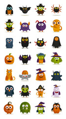 A set of mini Halloween monsters with drop shadow, cute mini illustrations suitable for design
