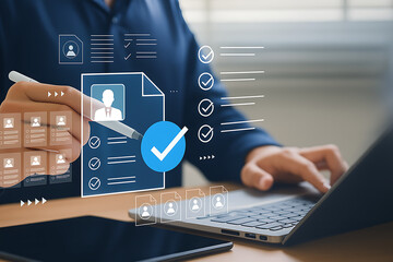 Businessman Reviewing Digital Resume with Holographic Checklist Interface. AI Resume Screening and Digital Job Application Process Concept