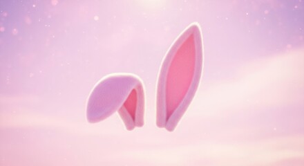 Adorable fluffy bunny ears with soft pink inner lining against a dreamy pastel sky with sparkling lights