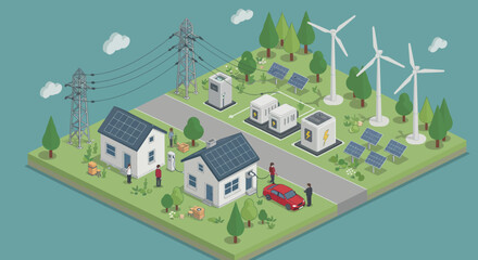 Isometric Illustration of Sustainable Smart City with Renewable Energy Sources Powering Electric Vehicle Charging Stations and Homes