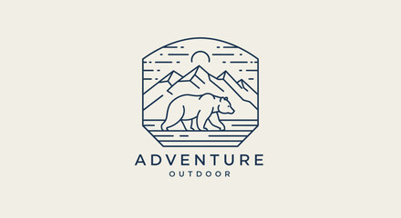 Line Art Logo: Grizzly Bear Walking in Mountain Landscape at Sunset