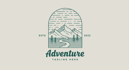 Linear Art Mountain Landscape Logo Design:  Arch-Shaped Frame, Winding River, Evergreen Trees, 2022 Established