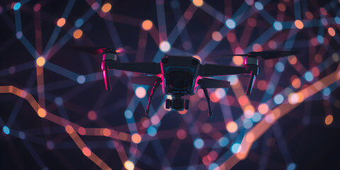 A sophisticated drone flies through a vibrant digital network, highlighted by glowing lines and data points in a low-light setting