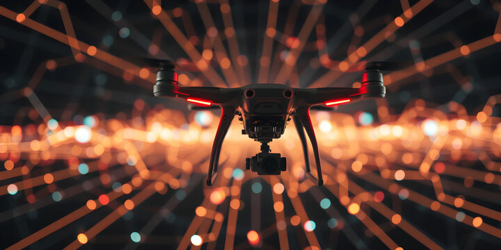A sophisticated drone flies through a vibrant digital network, highlighted by glowing lines and data points in a low-light setting